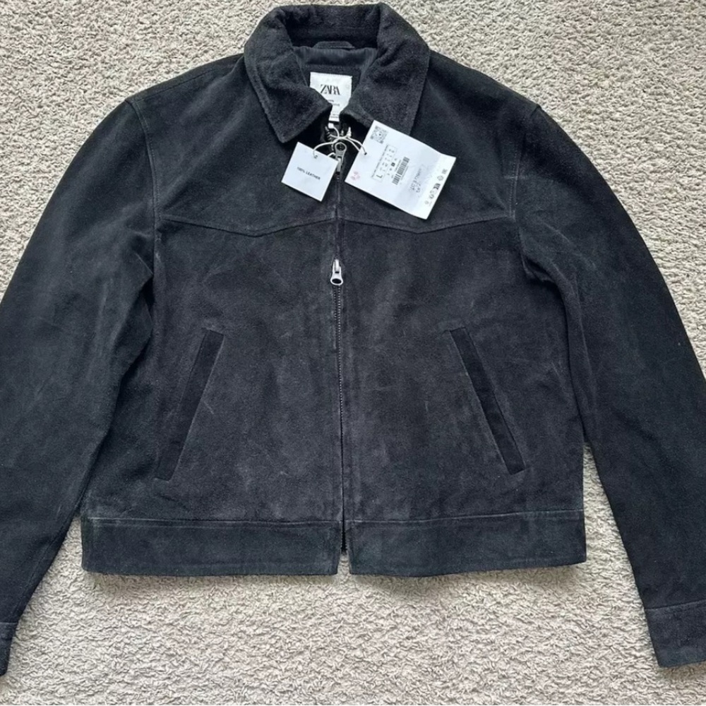 Zara Buffalo Suede Cropped Leather Jacket Black - Men's Size Large NEW